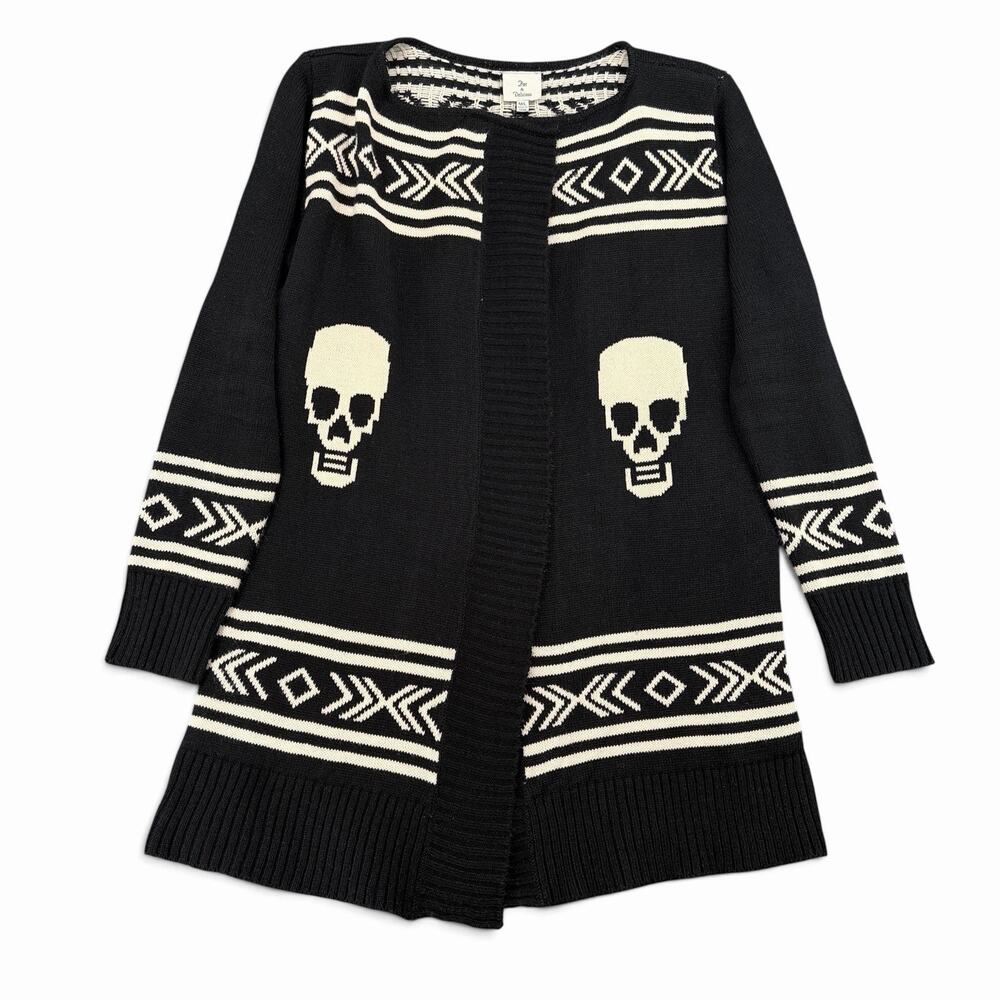 Skull Cardigan Womens Sz M L Black White Open Front Duster Goth Punk Sweater